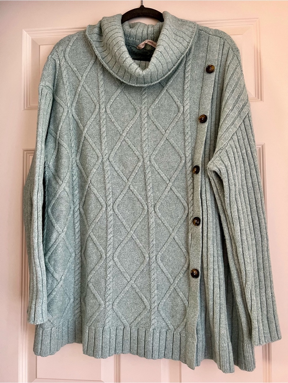 Soft Surroundings Cowl Neck Cable Knit Sweater with Cashmere feel - Sage Green